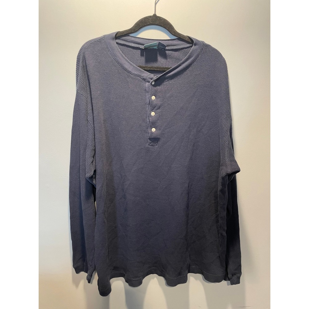 Woolrich Mens XL Navy Blue Waffle Knit 100% Cotton Long Sleeve Henley Shirt
